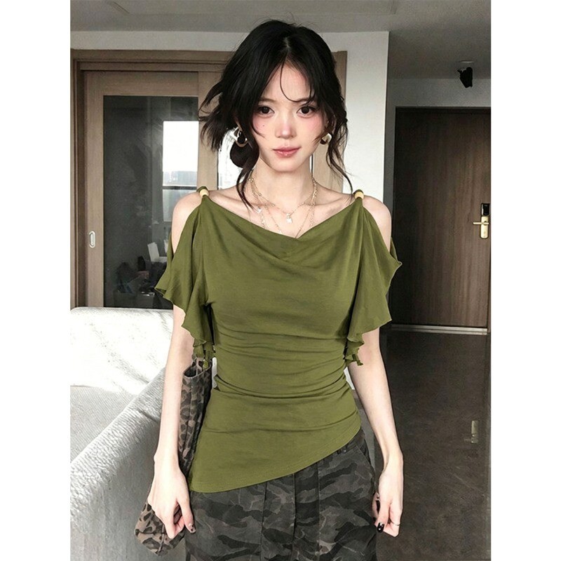 Áo thun trễ vai đơn giản màu trơn nhẹ nhàng dành cho nữ mùa hè mới 260604