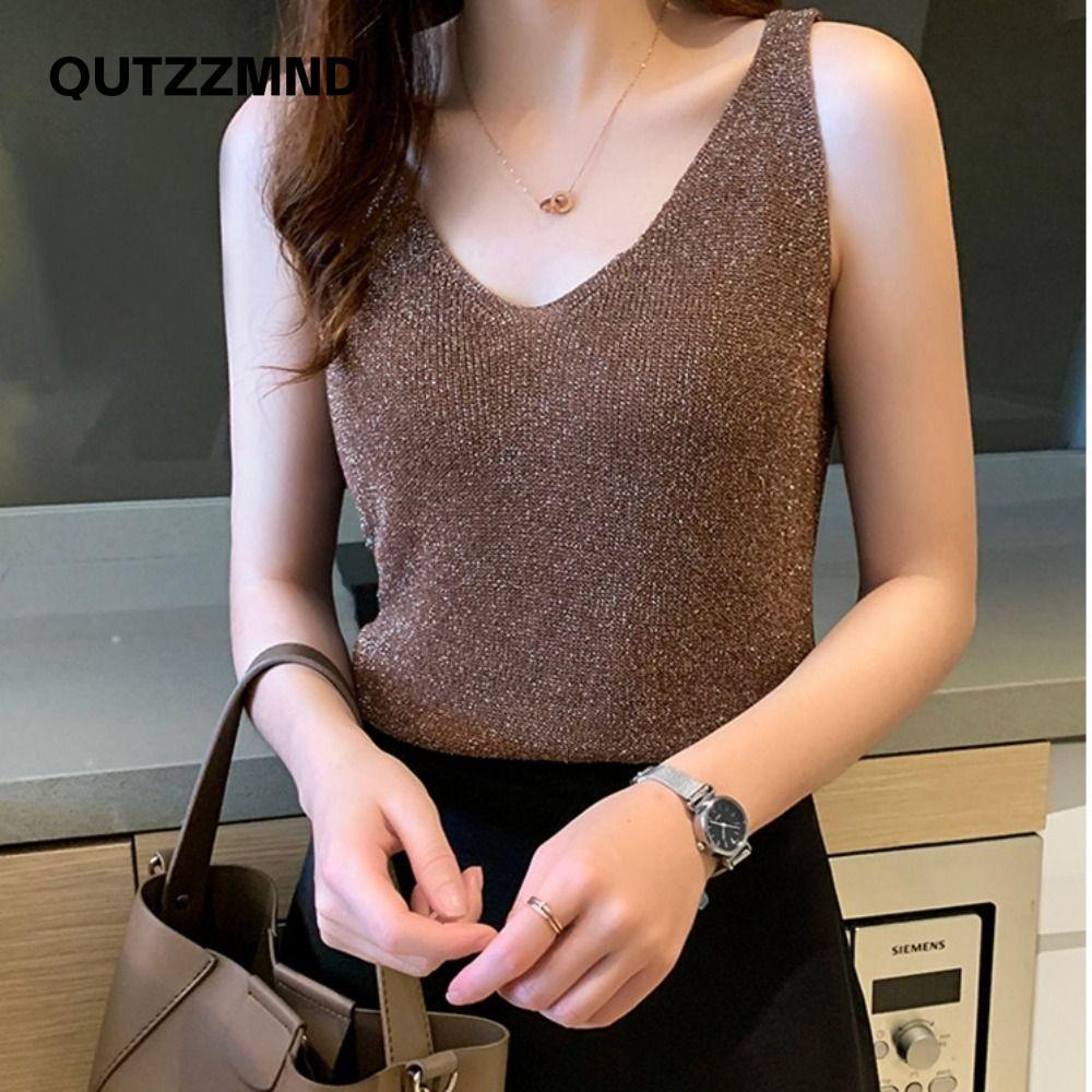 QUTZZMND Áo Tank Nữ, Áo Vest Nữ Thanh Lịch Thường Ngày, 2024 Cổ V Dệt Kim Lụa Satin Áo hai dây Xuân Hè