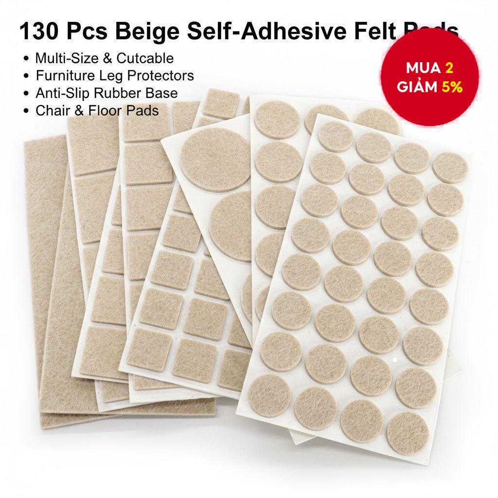 130 Chiếc Miếng Lót Nỉ Tự Dính Màu Be Đa Kích Thước Cắt Đồ Nội Thất Bảo Vệ Chống Trơn Trượt, Giảm Tiếng Ồn Miếng Lót Sàn Cho Chân Ghế & Bàn