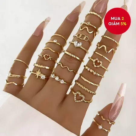 Bộ Nhẫn Sóng Tối Giản 28 Chiếc Cho Nữ - Nhẫn Trái Tim Hình Học Bạc Trang Sức