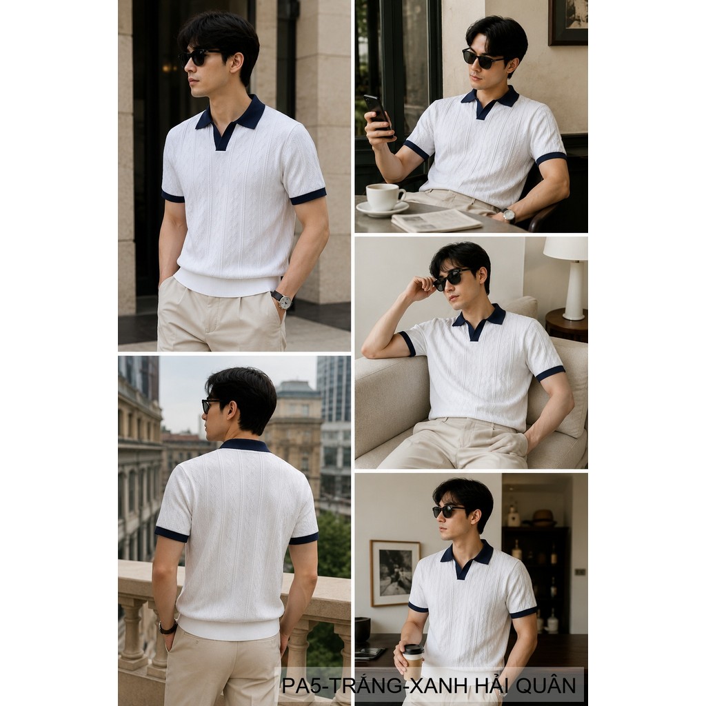 PA5 - Áo Polo Nam Mùa Hè Chất Jacquard Co Giãn, Cổ V Phối Màu Thời Trang, Dáng Ôm Thoáng Khí