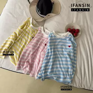 Áo dài tay trẻ em IFASIN, Áo thun sọc cổ tròn bằng vải nhẹ, cảm ứng mềm mại viền thẳng tay dài dáng rộng vừa vặn lớp đế mặc hàng ngày
