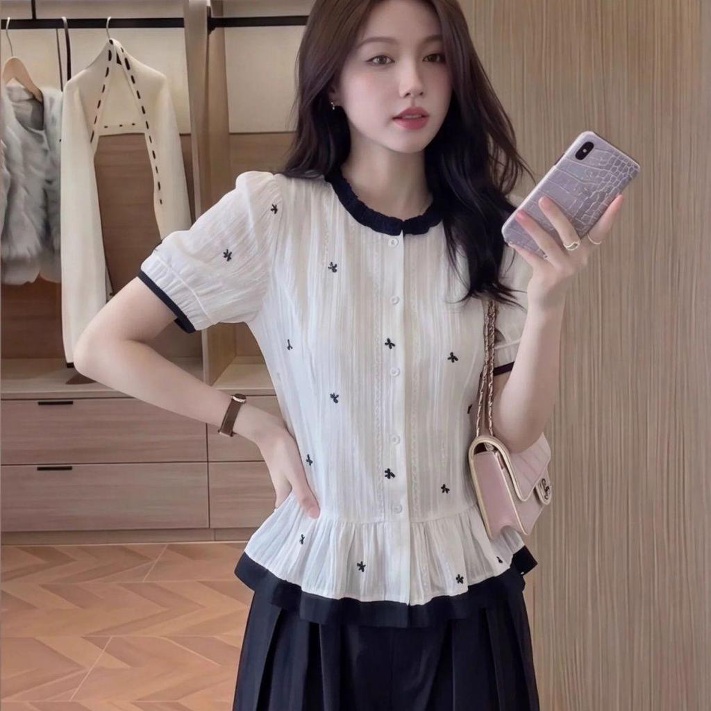 [Giảm giá trong thời gian có hạn] Áo sơ mi ngắn tay thêu nơ thời trang màu sắc tương phản, Áo len Cardigan thời trang giảm tuổi phong cách mới mùa hè 2026