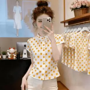 Mùa hè Phong cách mới dành cho nữ phong cách cổ điển thiên niên kỷ chấm bi cổ tròn Áo sơ mi nhỏ eo hẹp thon gọn hơn trông sang trọng hàng đầu