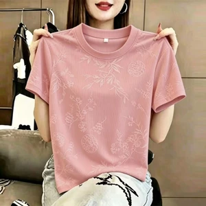 Mùa Hè Mới Của Mẹ Jacquard Tay Ngắn Cổ Tròn Thể Thao Hàng Đầu Áo Thun Nữ