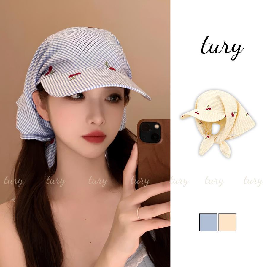 Mũ Khăn Chống Nắng Nữ - Tury - Mũ Lưỡi Trai Kèm Khăn Họa Tiết Cherry Caro Dễ Thương - MLT076