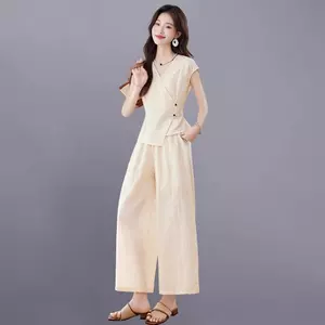 2026 Linen Áo hai mảnh thường ngày phù hợp với quần ống rộng mùa hè dành cho nữ Bộ đồ rộng giảm tuổi