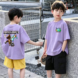 (1-12 tuổi) Áo thun ngắn tay cổ tròn bằng cotton in hình hoạt hình vui nhộn "Minecraft" dành cho bé trai