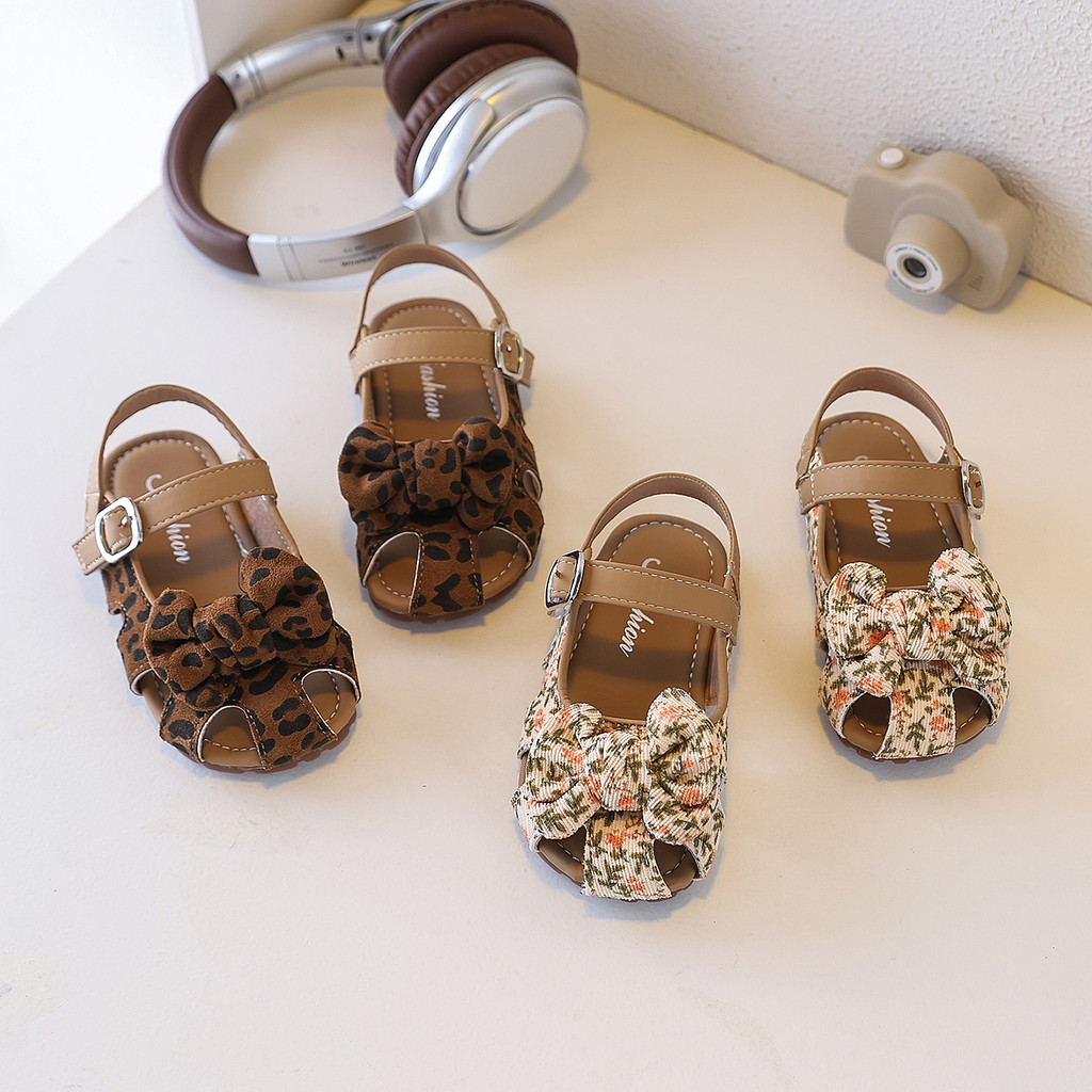 Bella Neman Giày sandal bé gái đầu búp bê hoa/leopard nơ, đế mềm êm chân, chống trượt mùa hè