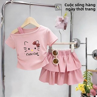 Set mùa hè cho bé gái – Áo lệch vai + váy tầng xòe, phong cách đáng yêu, năng động mùa hè