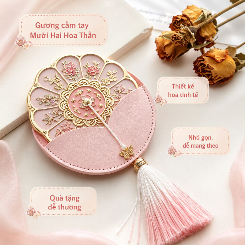 Gương Gập Hộp Quà Gương Cầm Tay Mười Hai Hoa Thần, Gương Trang Điểm Mini, Gương Gấp Di Động