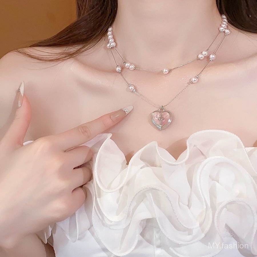 Vòng cổ mặt dây chuyền trái tim màu hồng ngọt ngào, Ngọc trai thời trang nữ khí chất hai lớp phù hợp