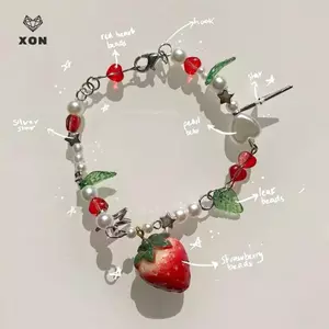 Vòng tay quyến rũ dâu tây tinh tế Vòng tay đính cườm thủ công dễ thương ngọt ngào Dây đeo cổ tay tươi mát phù hợp cho phụ nữ Quà tặng dự tiệc bé gái [Mina]