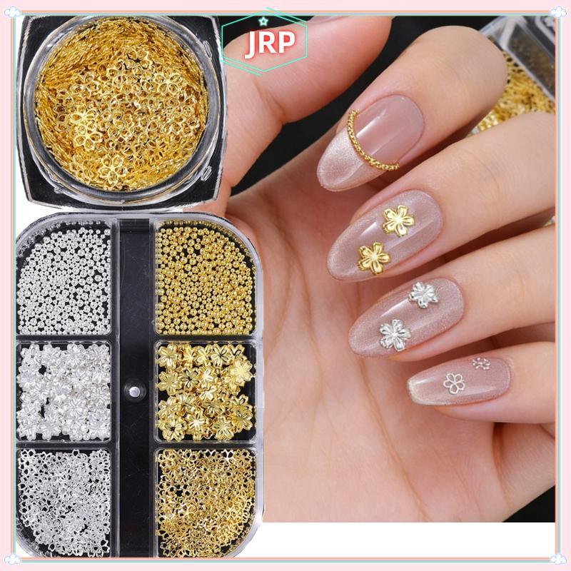 JRP Vàng / Bạc Kim Loại Hoa Anh Đào Hoa Móng Tay Nghệ Thuật Trang Trí Kích Thước Hỗn Hợp Kim Cương Giả Đá Quý Dụng Cụ Làm Móng Tay Phụ Kiện DIY Thiết Kế Móng Tay JRP