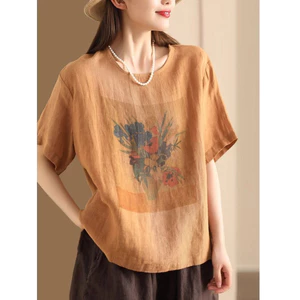 Phong Cách Hồng Kông Tính Khí Thường Ngày Đi Lại Ngắn Tay Vải Lanh Cotton Thoải Mái Văn Học Retro Cổ Tròn Áo Thun Nữ 5.26