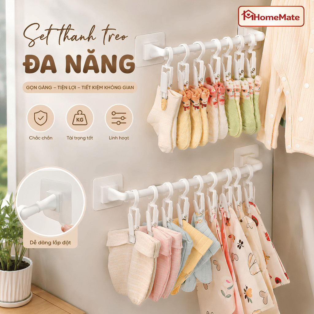 Set Thanh Treo Đồ HomeMate Kèm 10 Móc Kẹp Dán Tường, Giá Treo Tất Vớ Đồ Lót Đồ Em Bé Gọn Gàng