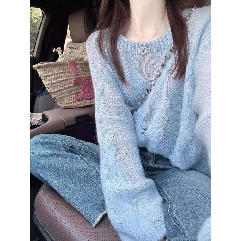 [Thời gian có hạn Seckill] Áo len chui đầu dài tay rỗng mềm mại màu xanh lò xo dáng rộng phong cách lười biếng hàng đầu