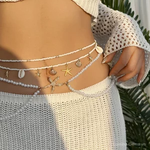 Xuyên Biên Giới Mùa Hè Phong Cách Mới Ngọc Trai Đĩa Sao Biển Conch Cơm Hạt Eo Dây Xích Vỏ Dây Xích Tua Rua Full Kim Cương Khâu Xếp Chồng
