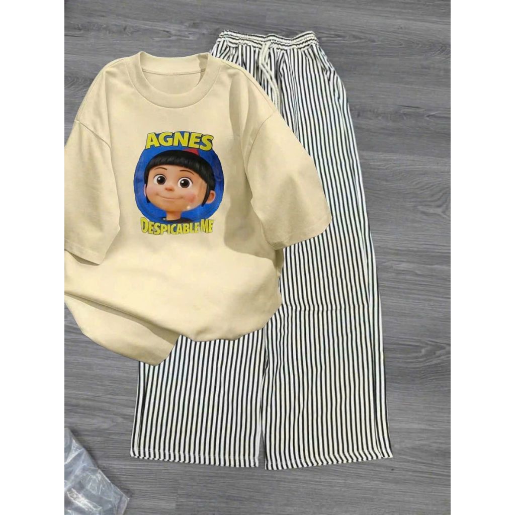 Sét bộ quần dài đũi xốp kẻ vằn dáng dài +  mix áo phông ANNNES form rộng unisex thanh lịch-thoitrangthubio
