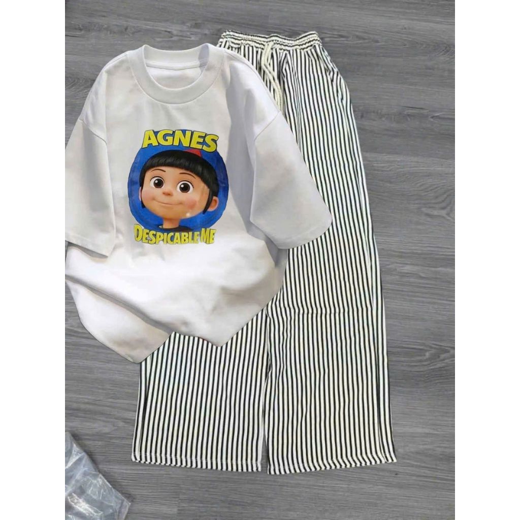 Sét bộ quần dài đũi xốp kẻ vằn dáng dài +  mix áo phông ANNNES form rộng unisex thanh lịch-thoitrangthubio