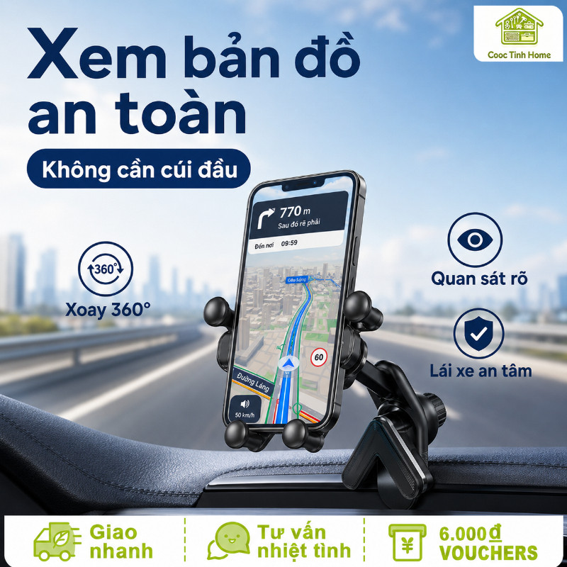 Giá đỡ điện thoại ô tô kẹp màn hình, xoay 360°, khóa tự động chắc chắn, hỗ trợ xem bản đồ