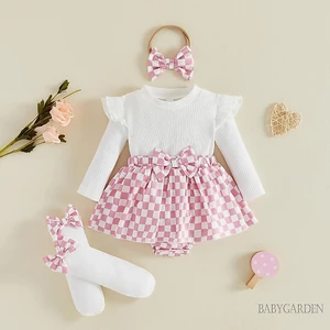 Bộ áo liền quần dài tay kẻ sọc mùa thu đông cho bé gái có băng đô & tất cao đến đầu gối