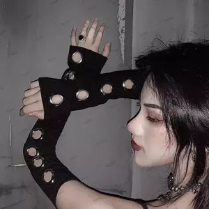 Găng tay ngón PYCOU, Tay áo khiêu vũ đường phố màu đen Gothic, Khóa kim loại Đinh tán phong cách Punk dành cho nữ