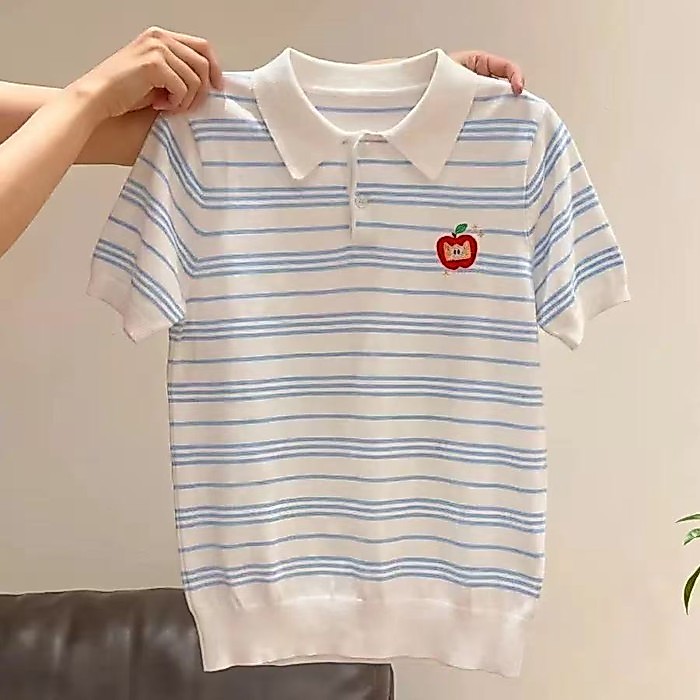 Áo thun POLO sọc xanh trắng phong cách Hàn Quốc áo thun ngắn tay ngắn tay đơn giản thời trang