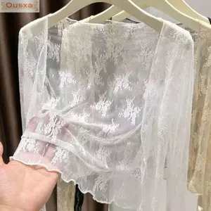 Áo len Cardigan rỗng OUSXA, Áo sơ mi voan dài tay đi biển, Áo sơ mi ren nhẹ chống nắng thông thường đi chơi