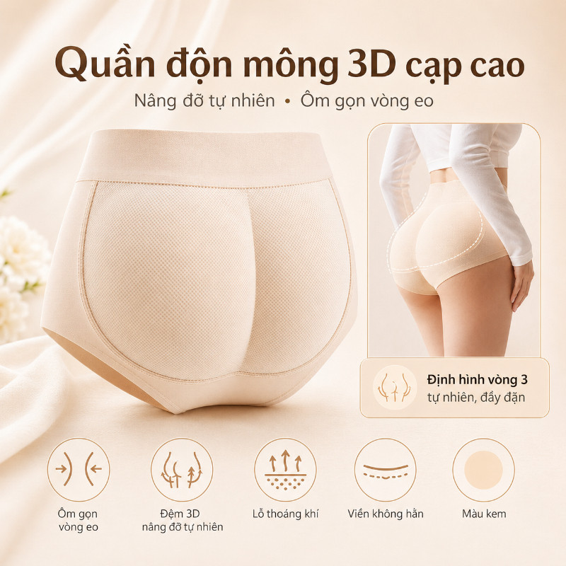 Quần Lót Độn Mông 3D Cao Cấp - Vải Siêu Mền Êm Ái Như Làn Da Thứ Hai, Độn Mông Tự Nhiên Không Dấu Vết Cho Mọi Trang Phục
