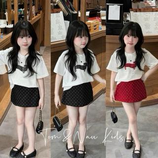 S37- [DƯỚI 1m36][tomnaukids] Áo thun cộc tay ép hình chấm bi +  chân váy chấm bi thun umi cho bé gái size  từ 9-36
