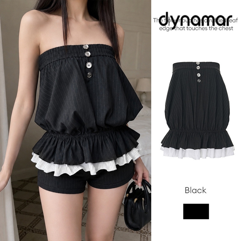 【dynamar】Áo không tay kiểu Hàn Quốc dành cho nữ, phối màu tương phản, kẻ sọc, viền phồng, kiểu quây ngực