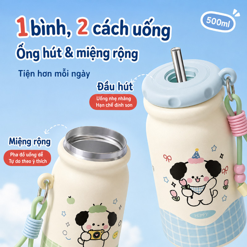 Bình Giữ Nhiệt 500ml Cún Trái Cây,Inox 316,Có Ống Hút Lọc Trà,Dây Đeo,Chống Rò Rỉ