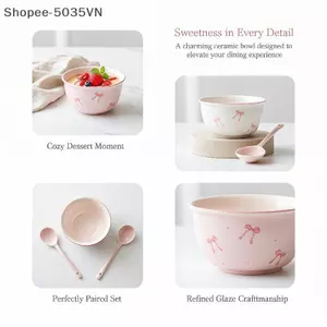 {AKIN} Bộ 2 Bát Gốm Có 2 Thìa Nơ Món Quà Dễ Thương Bát Gốm Quà Tặng Sinh Nhật Món Tráng Miệng Sử Dụng Hàng Ngày {a}