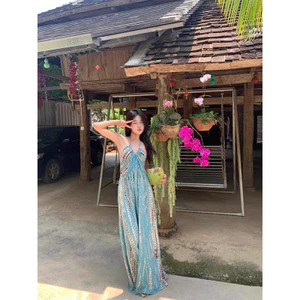 Váy nghỉ mát bohemian họa tiết xanh dành cho nữ, váy đi biển bên bờ biển, váy dài thanh lịch