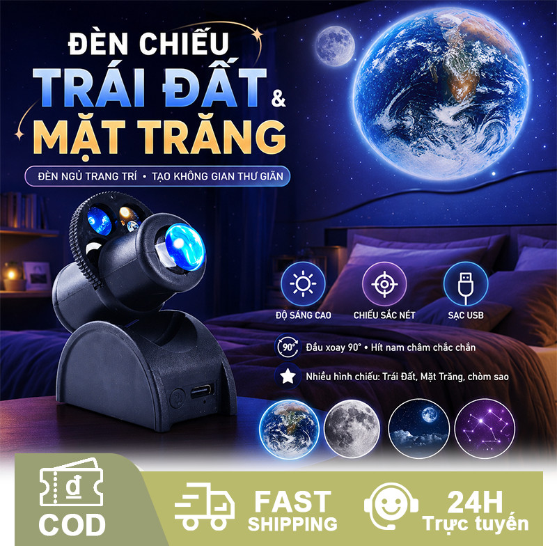 Đèn ngủ LED chiếu sao thiên hà mini USB, cổ xoay 360°, 3 chủ đề Mặt Trăng Chòm Sao Hành Tinh