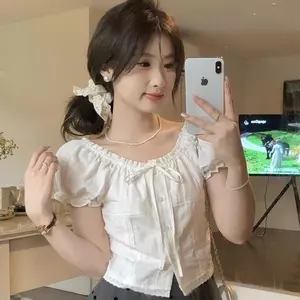 Áo sơ mi bong bóng cổ tròn ren kiểu Pháp mùa hè Slim tay ngắn ngọt ngào
