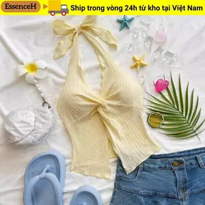 Áo Crop top cổ chữ V ESSENCEH, Áo cổ dây gợi cảm không tay, Quần áo Y2K ngọt ngào Dây đeo lưng không tay mùa hè