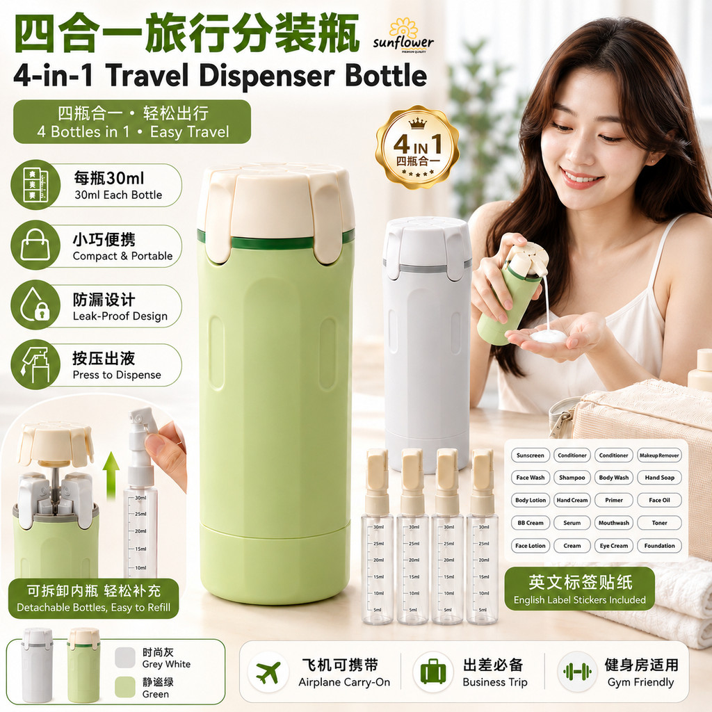 【 Hàng có sẵn 】 ▽ ▽ 一 ❈ 🍒 🍒 ❈ ❈ Chai du lịch Bộ 4in1 chống rò rỉ cho dầu gội Sữa tắm di động