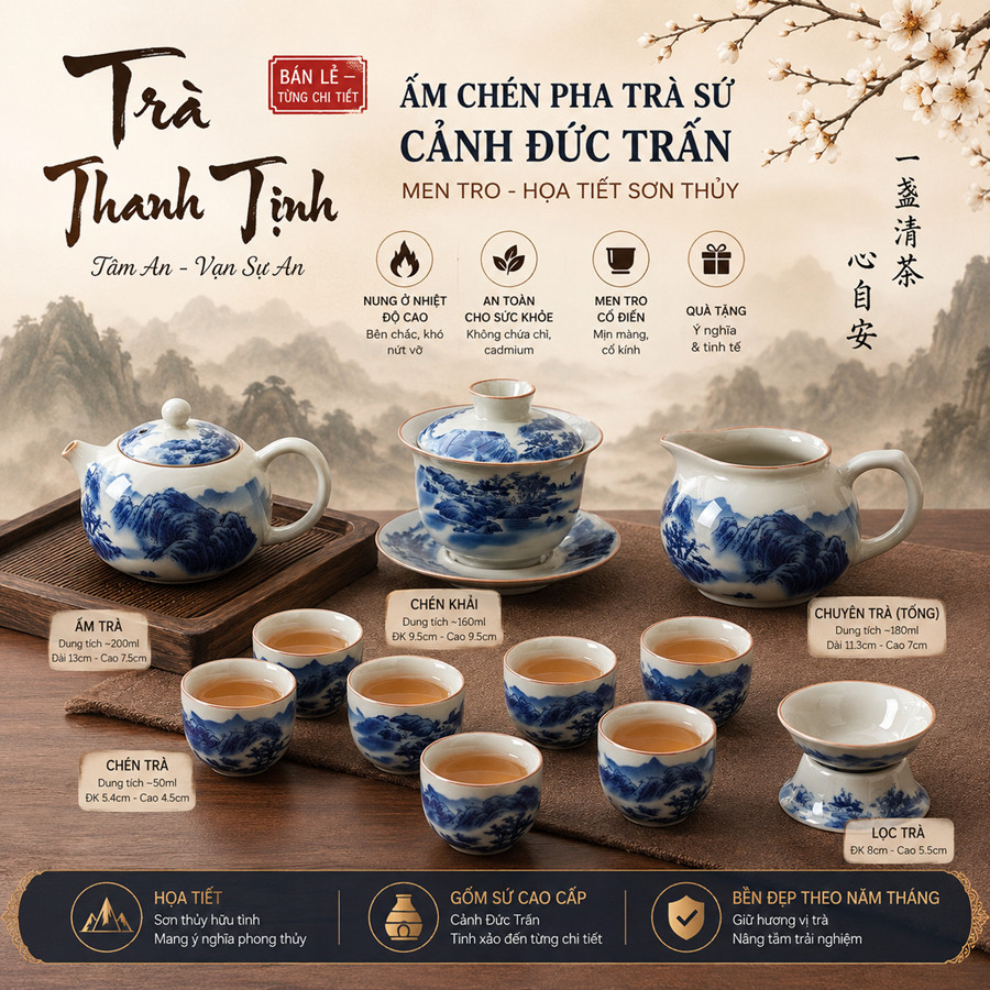 (Bán Lẻ Từng Chi Tiết) Ấm Chén Pha Trà Sứ Cảnh Đức Trấn Men Tro Họa Tiết Sơn Thủy