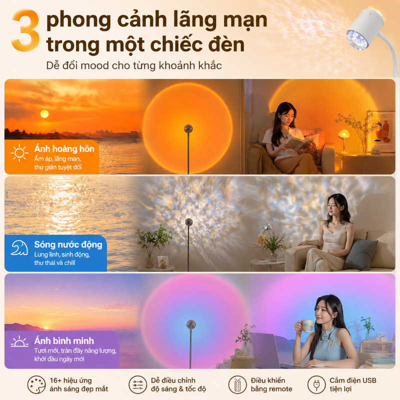 Đèn Sóng Nước Hoàng Hôn 2in1 Có Điều Khiển, Ánh Sáng Lãng Mạn Trang Trí Phòng Ngủ, Phòng Khách Và Làm Nền Livestream