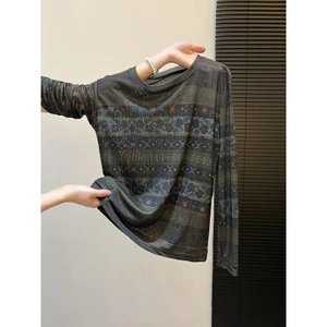 Milyfashion Size Lớn Retro In Hình Micro-Transparent Gạc Chống Nắng Áo Thun Mùa Hè Mỏng Rời Top UG6M