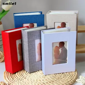 Album sổ lưu niệm nhỏ SMILE, Album ảnh bìa vải lanh có thể viết được DIY, Ảnh 4x6 100 túi lưu trữ ảnh Trẻ em tăng trưởng