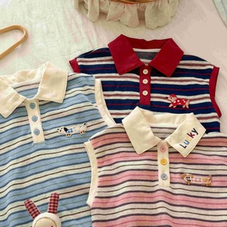 Áo Sơ Mi POLO Sọc Bé Gái Thời Trang Trẻ Em Hoạt Hình Ve Áo Dễ Thương Không Tay Top