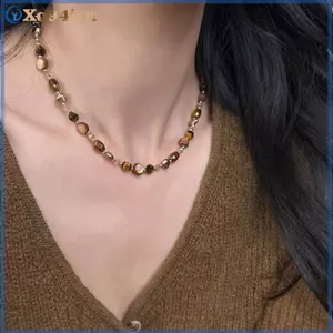 XOITU Vintage Nâu Tự Nhiên Hổ Mắt Đá Choker Nelace Dành Cho Nữ Hợp Thời Trang Handmade Đính Hạt Dây Chuyền Nelace Trang Sức Quà Tặng VN