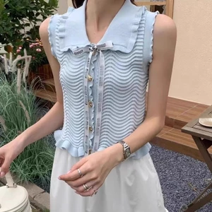 Áo vest mới có họa tiết sóng Áo vest dệt kim viền nấm kiểu Pháp, áo thun ngắn nữ