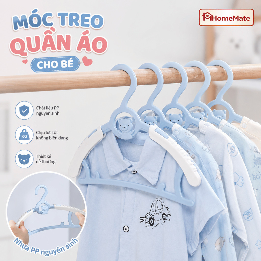 Móc Treo Quần Áo Trẻ Em HomeMate Hình Gấu Chống Trượt Điều Chỉnh Độ Rộng, Móc Nhựa PP Xếp Chồng Tiết Kiệm Diện Tích