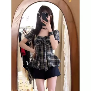 Niche Hàn Quốc Retro Hot Diamond Checked Áo Sơ Mi Nữ Mùa Hè Nơ Áo Sơ Mi Nhỏ Ôm Hơn Nhìn Top Hợp Thời Trang