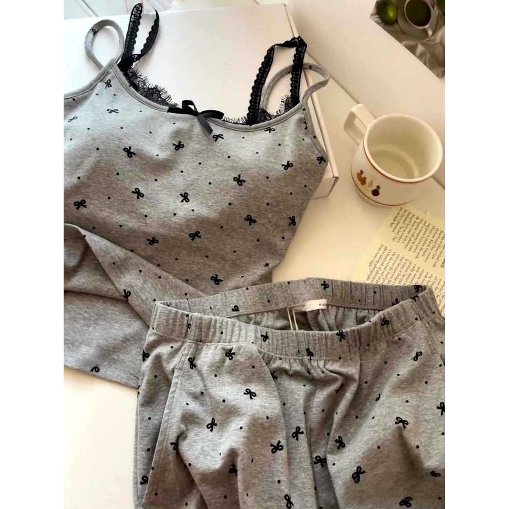 Bộ đồ ngủ nữ có đệm ngực cố định áo hai dây kèm quần short nơ dễ thương mềm mại thoáng khí mặc nhà mùa hè phong cách Hàn Quốc