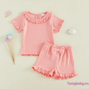 Trang phục mùa hè cho bé gái mới biết đi Áo thun ngắn tay viền rau diếp + Bộ quần Short xù co giãn